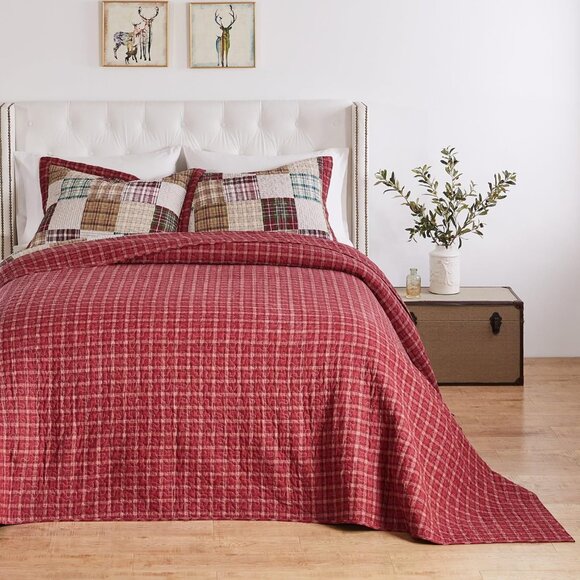 Greenland Home Oxford 100% Cotton Quilted Bedspread Set, 3-Piece Jumbo King, Red - Picture 4 of 6